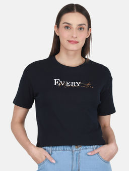 Monte Carlo - Navy Blue Printed Round Neck Top