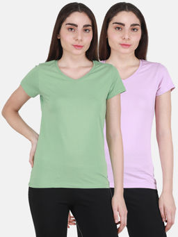 Monte Carlo - Lilac-Leaf Green Solid V Neck Top 2 Pc (Set of 2)