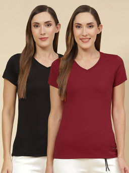 Monte Carlo - Maroon-Black Solid V Neck Top 2 Pc (Set of 2)