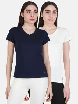 Monte Carlo - Bluish Navy Blue-Off White Solid V Neck Top 2 Pc (Set of 2)