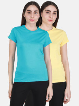 Monte Carlo - Yellow-Turquoise Solid Round Neck Top 2 Pc (Set of 2)