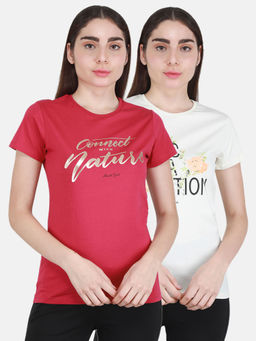 Monte Carlo - Off White-Magenta Printed Round Neck Top 2 Pc (Set of 2)