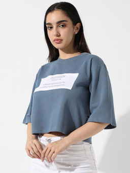 PINACOLADA - Women Icy Blue Typographic Print Crop Top