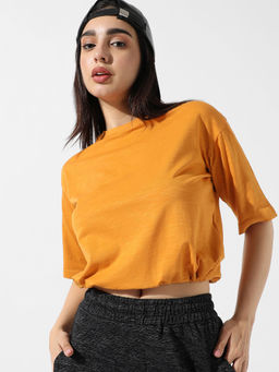 PINACOLADA - Women Solid Mustard Yellow Cinched Crop Top