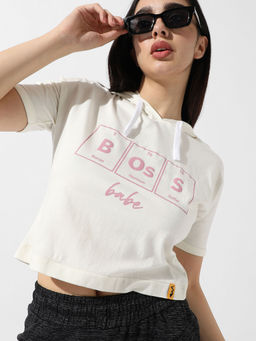 PINACOLADA - Women White Typographic Print Hooded Crop Top