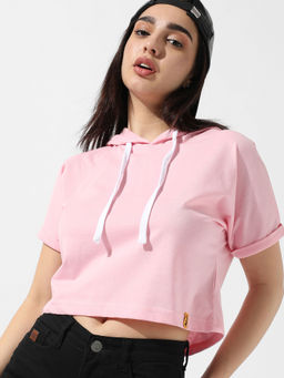 PINACOLADA - Women Solid Light Pink Hooded Crop Top
