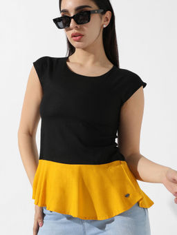 PINACOLADA - Women Colourblocked Round Neck Peplum Top