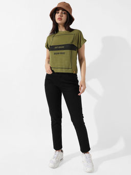PINACOLADA - Women Olive Green Typographic Print Top