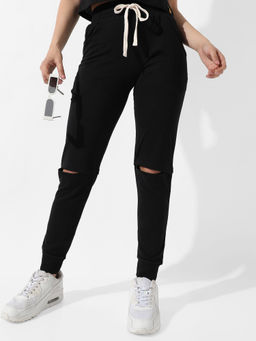PINACOLADA - Women Solid Black Slashed-knee Trackpants