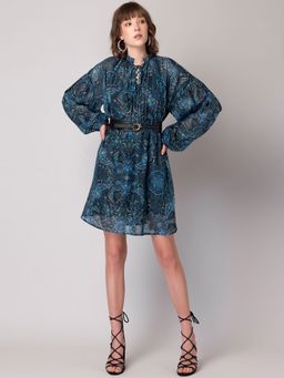 FabAlley - Blue Digital Print Shift Dress With Belt (Set of 2)