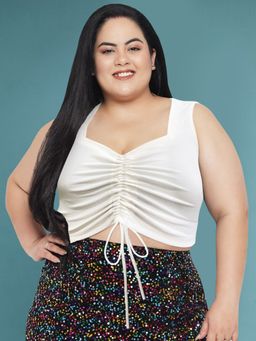 Martini - White Plus Size Drawstring Curve Crop Top