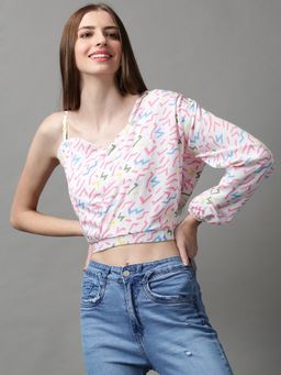 SHOWOFF - Women's Regular Sleeves Abstract White Cinched Waist Top