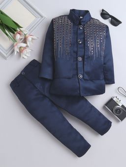 FOURFOLDS - Boys Navy Blue Indo Western Blazer with Trouser (Set of 2)