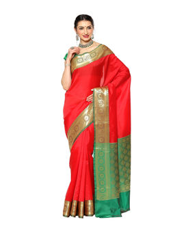 Banarasi Silk Works - Red Valkalam Katan Silk Anchal Saree with Unstitched Blouse