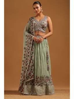 Soch - Green Floral Lehenga with Choli-Unstitched Sleeves and Dupatta