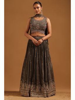 Soch - Grey Embroidered Lehenga with Choli-Unstitched Sleeves and Dupatta