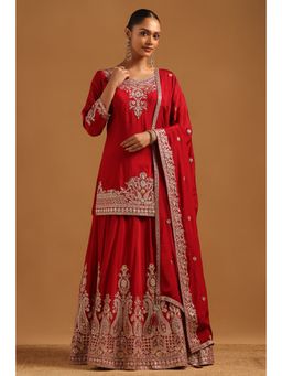 Soch - Red Embroidered Lehenga with Kurti and Dupatta