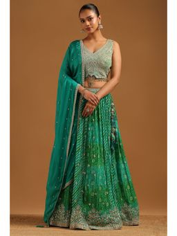 Soch - Green Embroidered Lehenga with Choli-Unstitched Sleeves and Dupatta