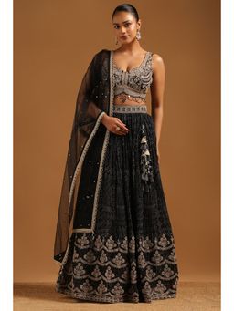 Soch - Black Embroidered Lehenga with Choli-Unstitched Sleeves and Dupatta