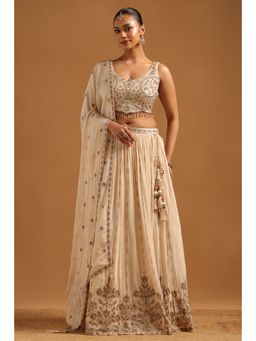 Soch - Cream Embroidered Lehenga with Choli-Unstitched Sleeves and Dupatta