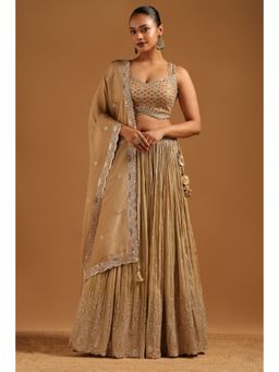 Soch - Beige Embroidered Lehenga with Choli-Unstitched Sleeves and Dupatta