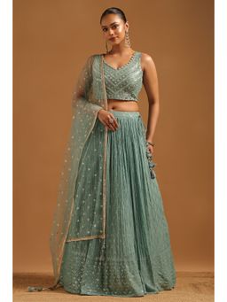 Soch - Green Sequined Lehenga with Choli-Unstitched Sleeves and Dupatta