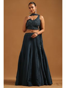 Soch - Navy Blue Embroidered Lehenga with Choli-Unstitched Sleeves and Dupatta
