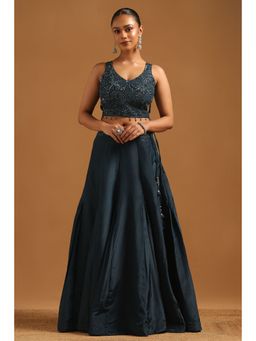 Soch - Navy Blue Embroidered
                  Lehenga with Choli-Unstitched Sleeves and Dupatta - 5