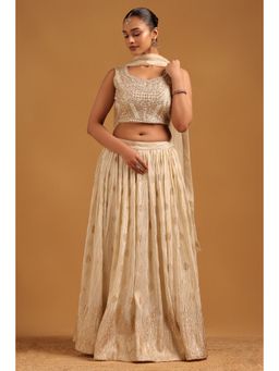 Soch - Beige Embroidered Lehenga with Choli-Unstitched Sleeves and Dupatta