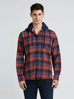 Pepe Jeans - Navy Blue & Red Checks Full Sleeve Hooded Shirt
