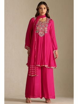 Soch - Fuchsia Chinon Embroidered Kurta and Palazzo with Dupatta