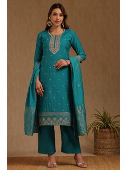 Soch - Turquoise Blue Embroidered Kurta and Palazzo with Dupatta