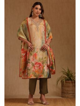 Soch - Beige Organza Floral Print Kurta and Pant with Dupatta