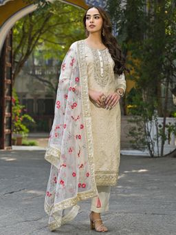 Vaamsi - Off White Embroidered Straight Kurta and Pant with Dupatta