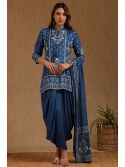 Soch - Blue Muslin Botanical Print Kurti and Dhoti with Dupatta