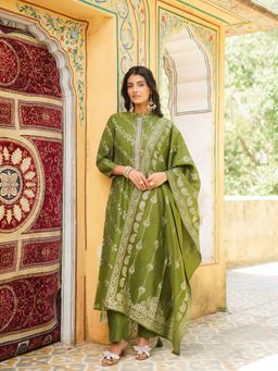 Vaamsi - Olive Silk Floral Printed Straight Kurta and Pant with Dupatta