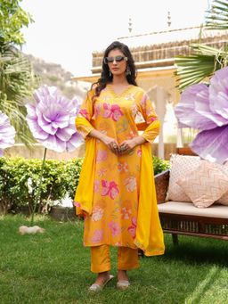 Vaamsi - Yellow Silk Floral Printed Straight Kurta and Pant with Dupatta