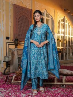 Vaamsi - Blue Ikat Printed Straight Kurta and Pant with Dupatta