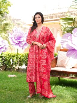 Vaamsi - Red Ikat Printed Straight Kurta and Pant with Dupatta