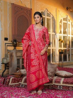 Vaamsi - Red Silk Embroidered Straight Kurta and Pant with Dupatta