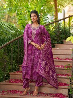 Vaamsi - Purple Floral Embroidered Straight Kurta and Pant with Dupatta