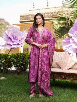 Vaamsi - Purple Floral Embroidered Straight Kurta and Pant with Dupatta