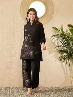 Vaamsi - Black Silk Blend Embroidered Tunic and Trousers Co-Ord