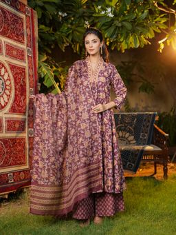 Vaamsi - Brown Floral Printed A-Line Kurta and Palazzos with Dupatta