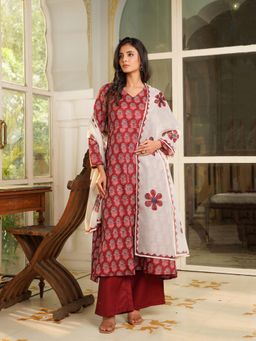 Vaamsi - Maroon Floral Printed A-Line Kurta Palazzos with Dupatta