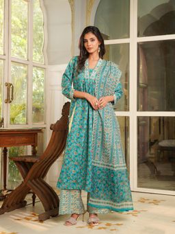 Vaamsi - Turquoise Blue Floral Printed Straight Kurta and Palazzo with Dupatta