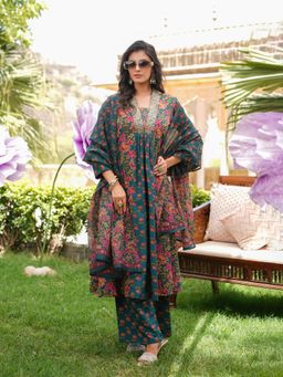 Vaamsi - Green Floral Printed A-Line Kurta Palazzos with Dupatta