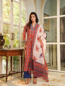 Vaamsi - Orange Floral Printed Straight Kurta Palazzos with Dupatta