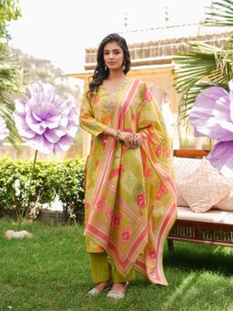 Vaamsi - Lime Green Floral Embroidered Straight Kurta and Pant with Dupatta