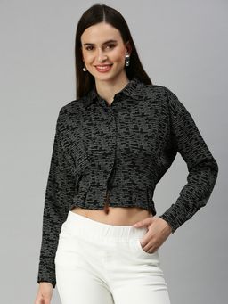 SHOWOFFFF - Women Shirt Collar Typography Black Crop Top